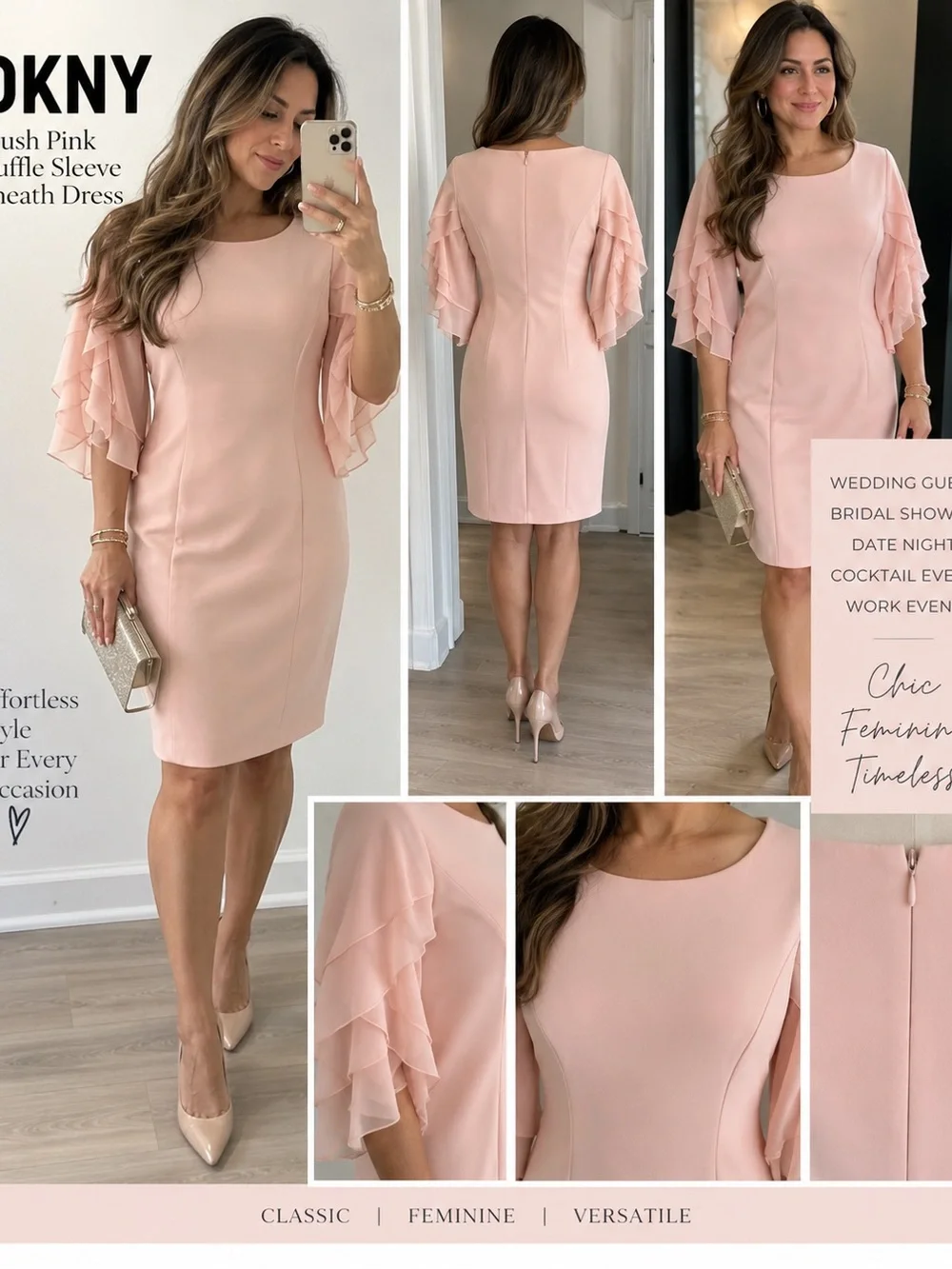 Dkny Blush Pink Layered-Sleeve Midi Sheath Dress